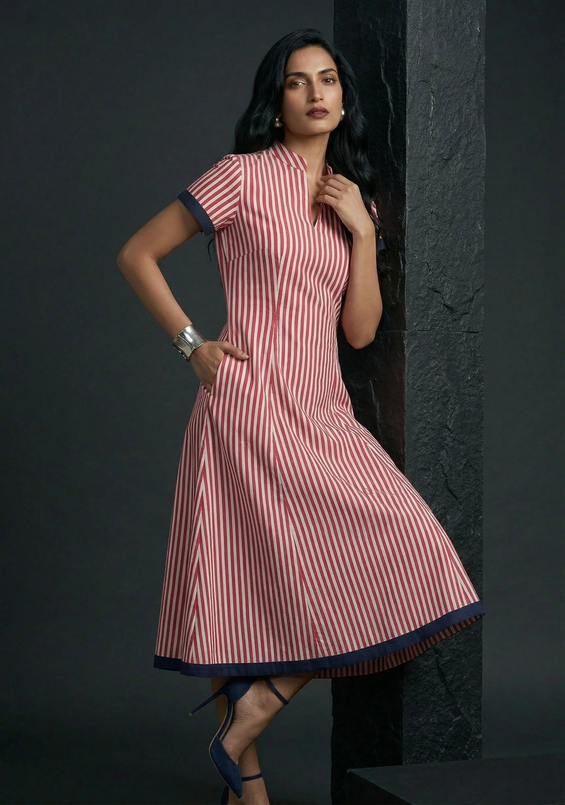 Crimson Stripe A-Line Midi Dress