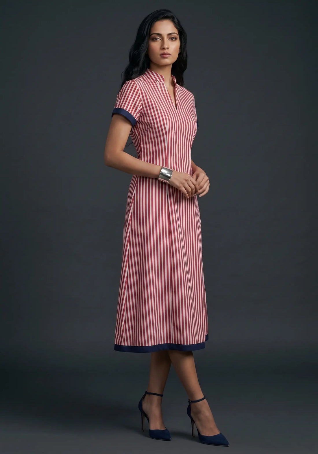 Crimson Stripe A-Line Midi Dress