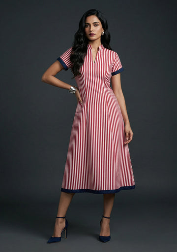 Crimson Stripe A-Line Midi Dress