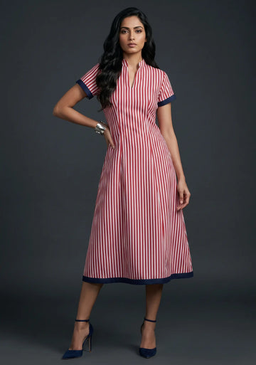 Crimson Stripe A-Line Midi Dress