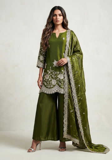 Olive Zari Embroidered Kurta Set
