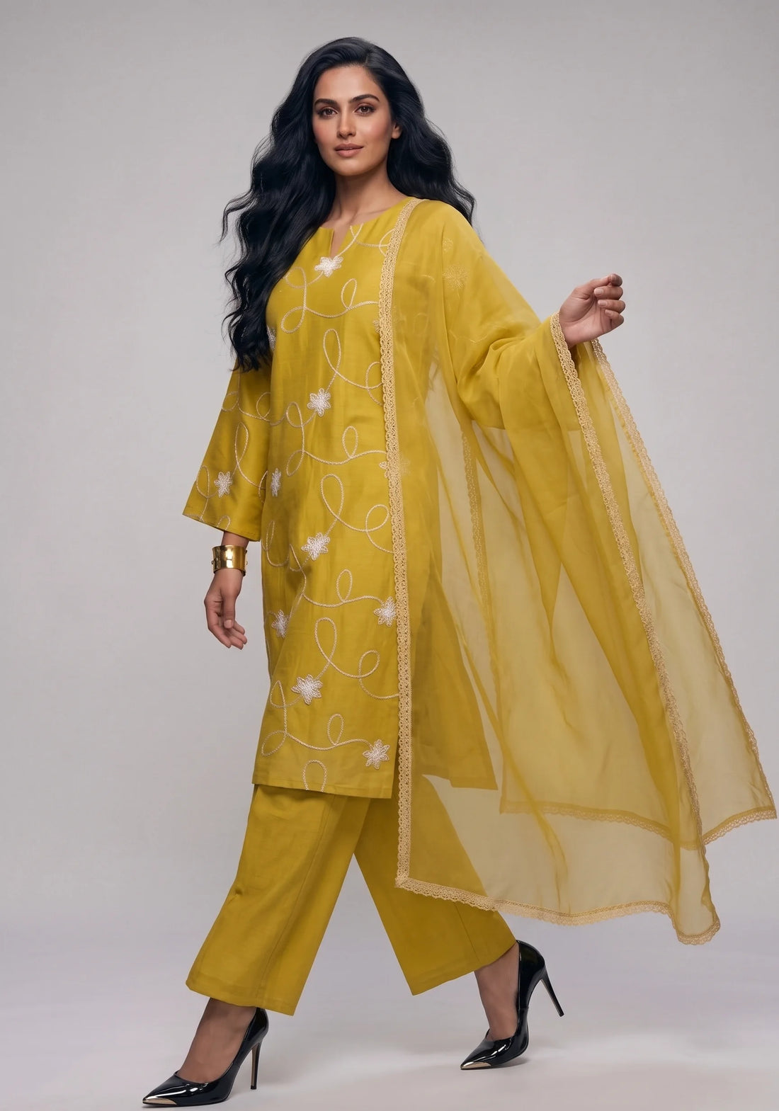 Mustard Embroidered Kurta Set