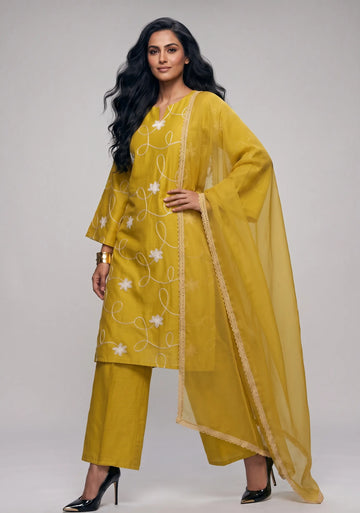 Mustard Embroidered Kurta Set