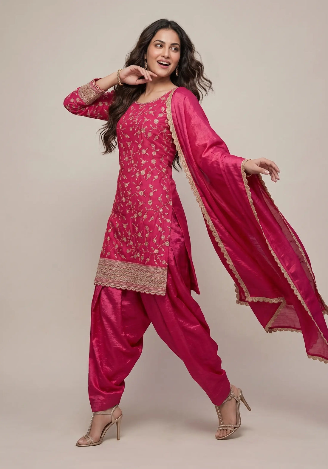 Rani Pink Embroidered Kurta Set with Dupatta