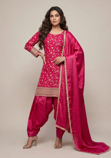 Rani Pink Embroidered Kurta Set with Dupatta