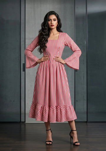 Cherry Stripe Flare Dress