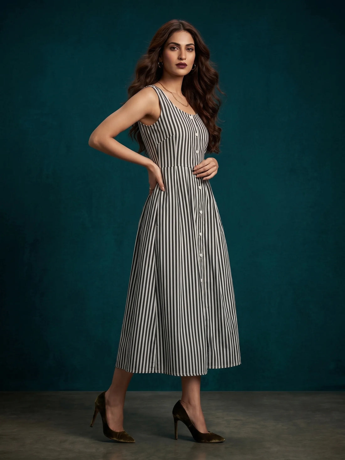 Monochrome Stripe Midi Dress