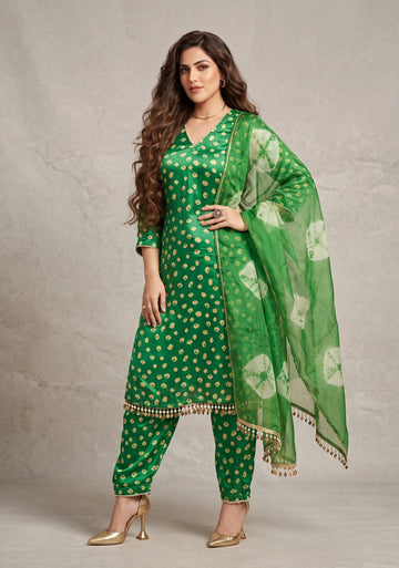 Emerald Glow Bandhani Silk Suit Set