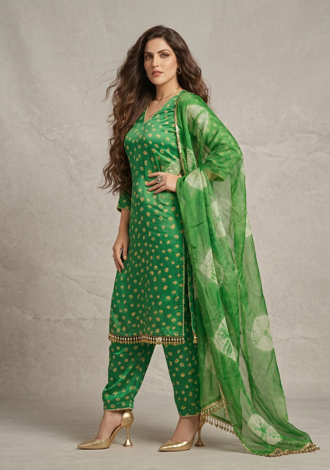 Emerald Glow Bandhani Silk Suit Set
