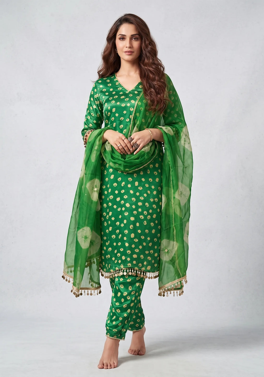 Emerald Glow Bandhani Silk Suit Set