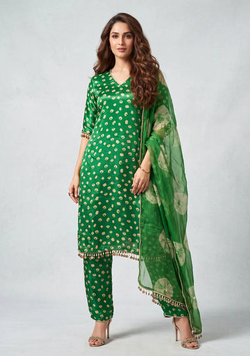 Emerald Glow Bandhani Silk Suit Set