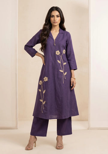 Royal Plum Embroidered Cotton Cord Set