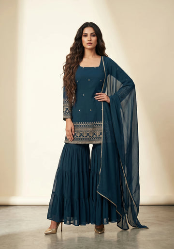 Midnight Teal Heritage Sharara Set