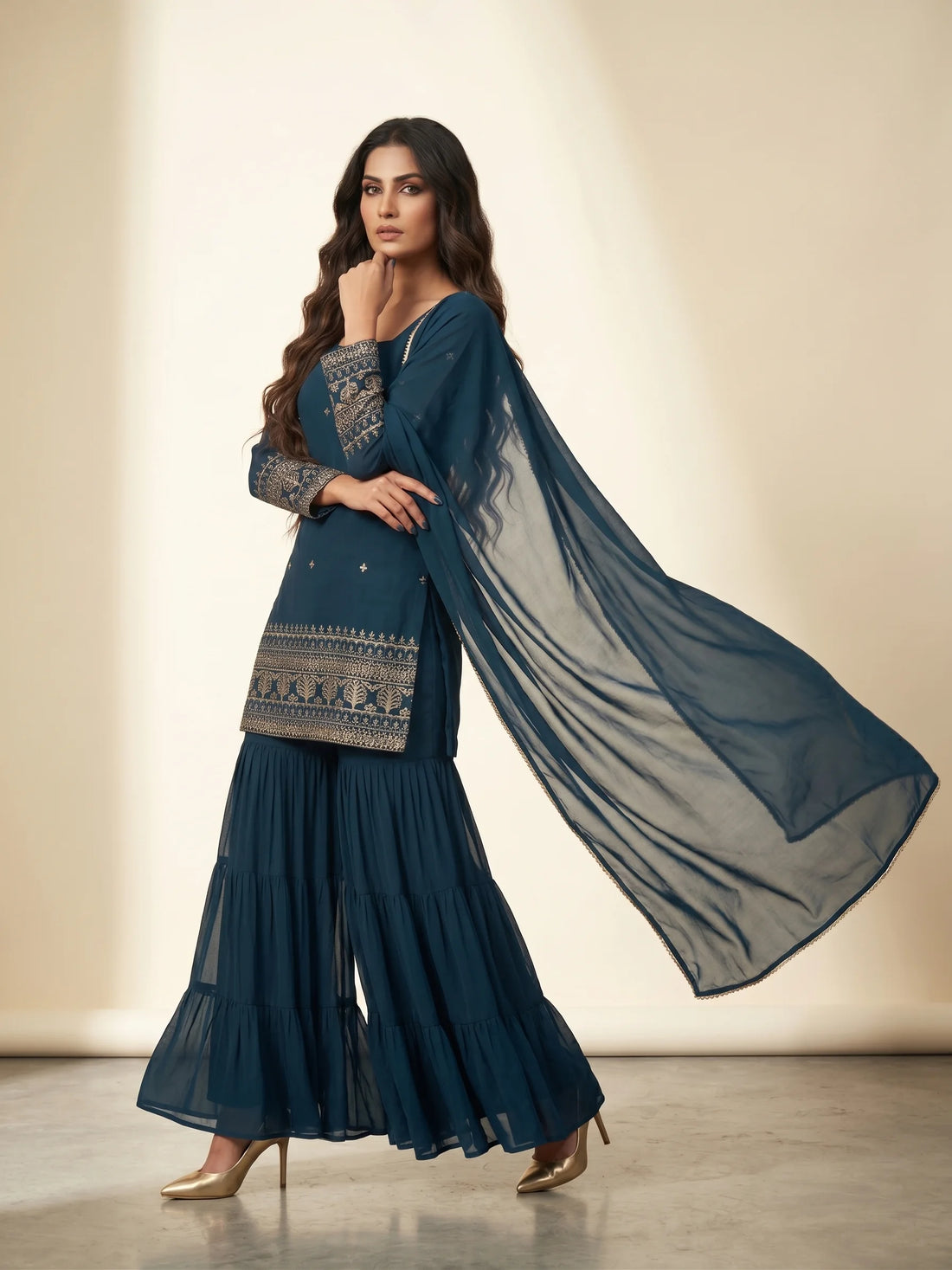 Midnight Teal Heritage Sharara Set