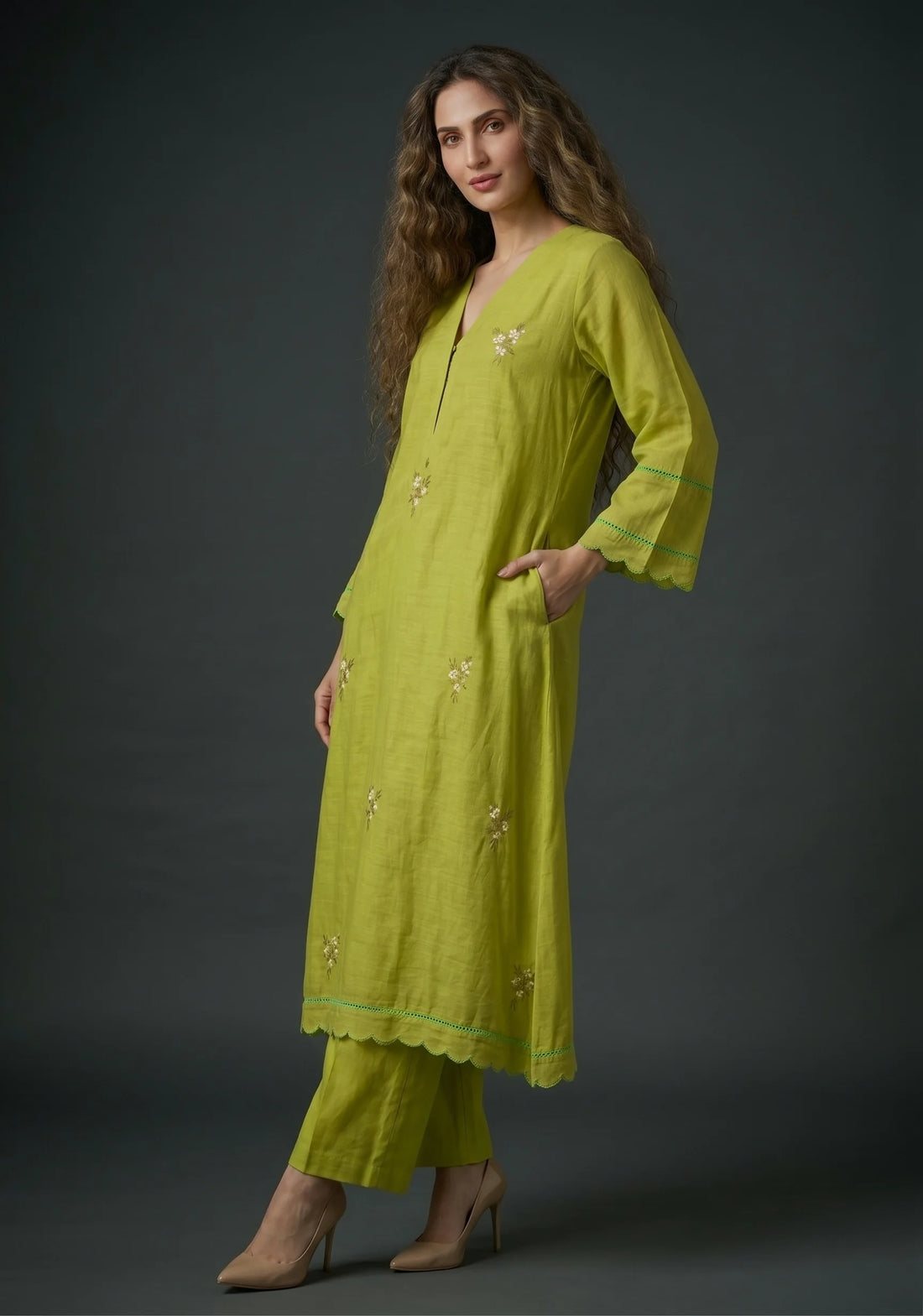 Lime Blossom Embroidered Kurta Palazzo Set