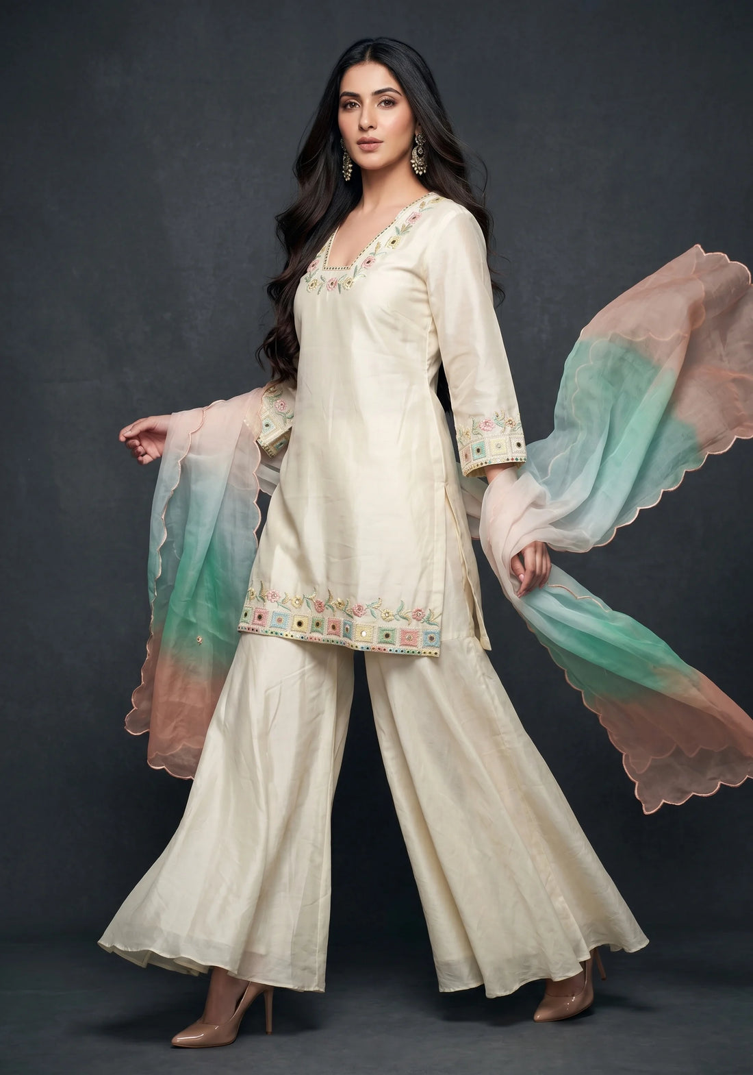 Ivory Mist Embroidered Sharara Set