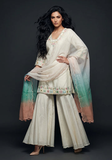 Ivory Mist Embroidered Sharara Set