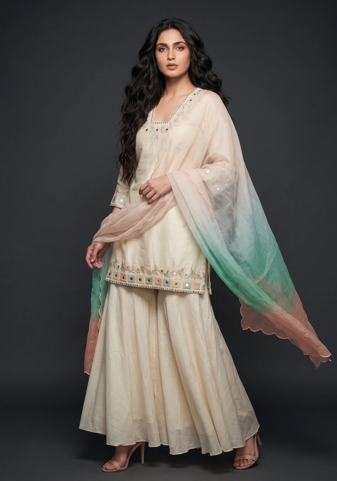 Ivory Mist Embroidered Sharara Set
