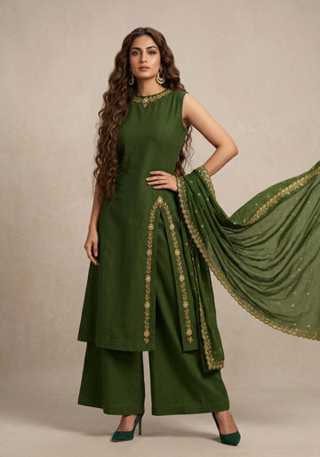Emerald Grace Embroidered Kurta Palazzo Set