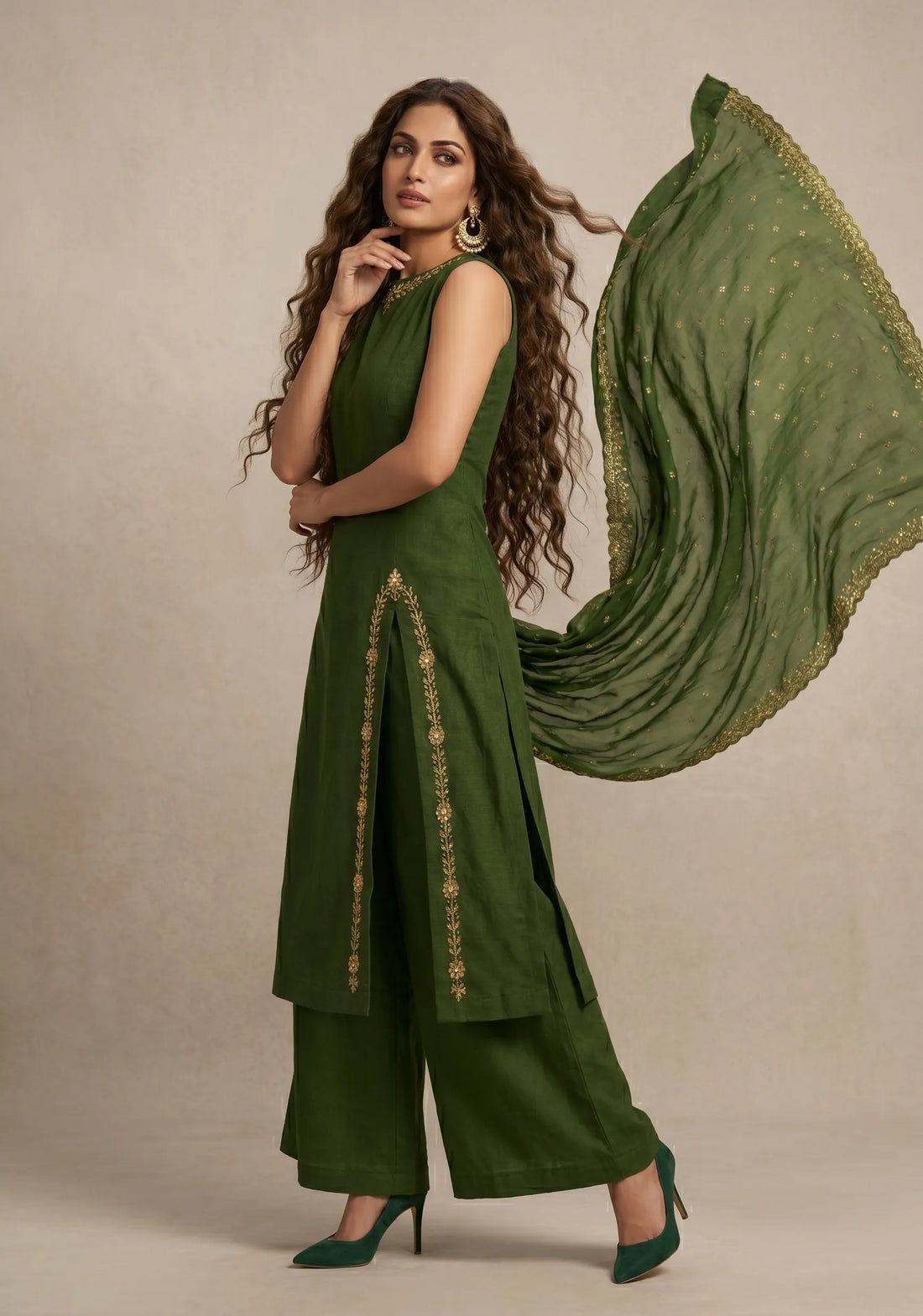 Emerald Grace Embroidered Kurta Palazzo Set