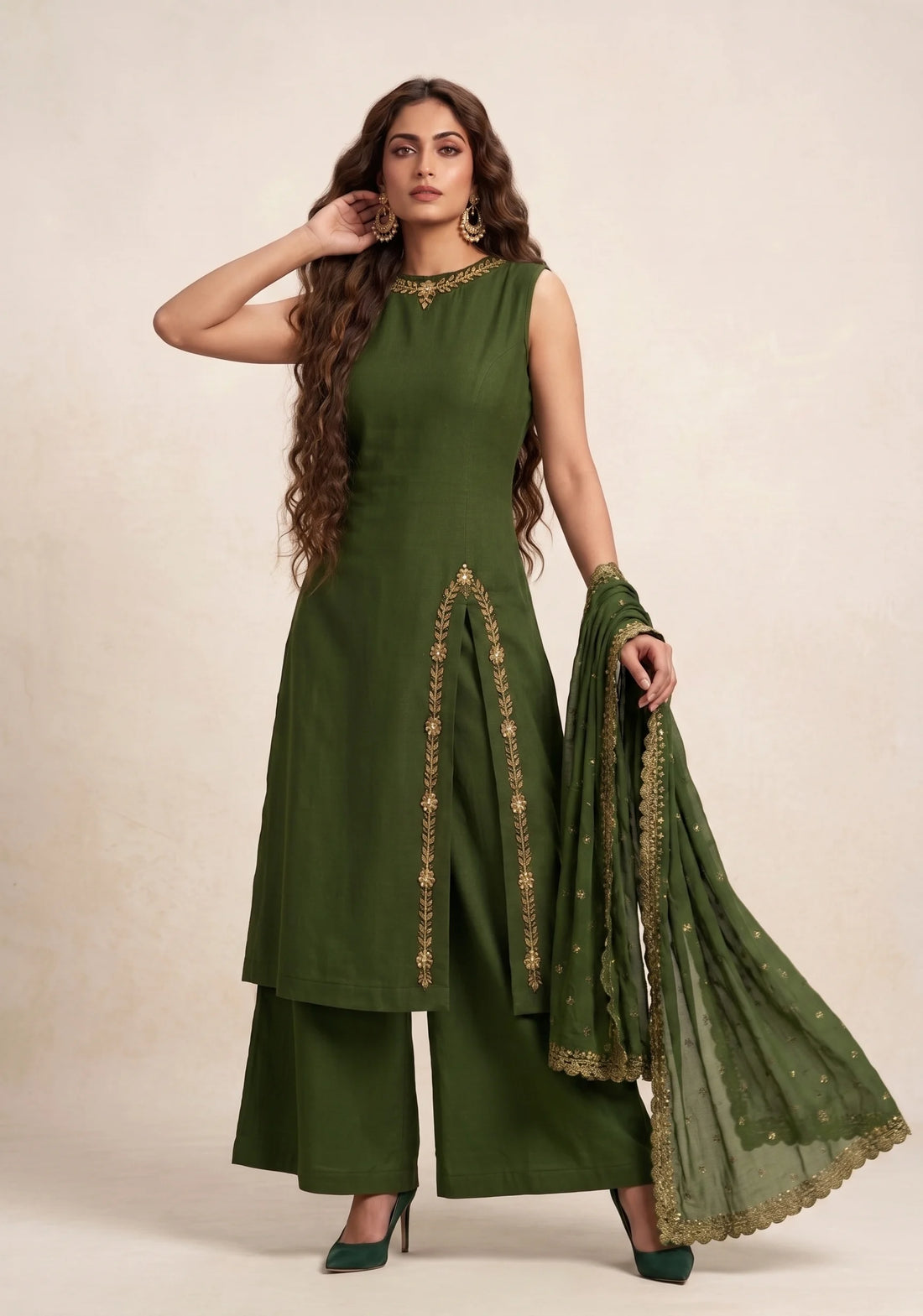 Emerald Grace Embroidered Kurta Palazzo Set