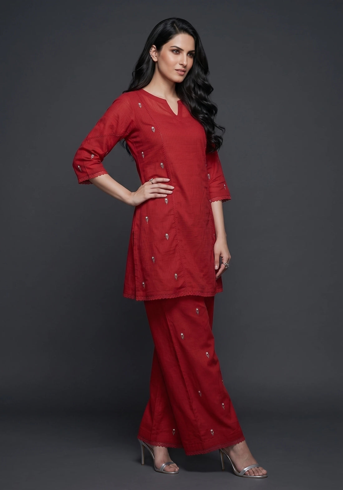 Crimson Charm Embroidered Co-ord Set