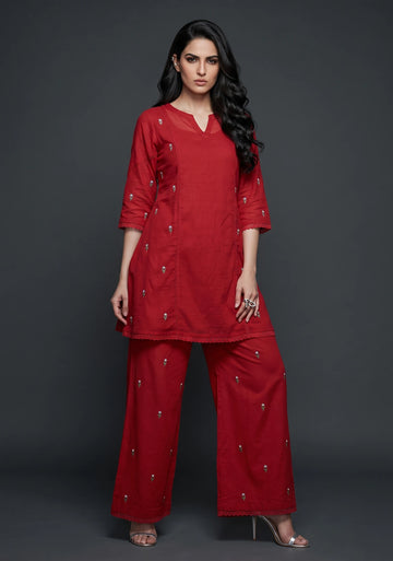 Crimson Charm Embroidered Co-ord Set