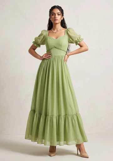 Sage Serenity Puff Sleeve Maxi Dress