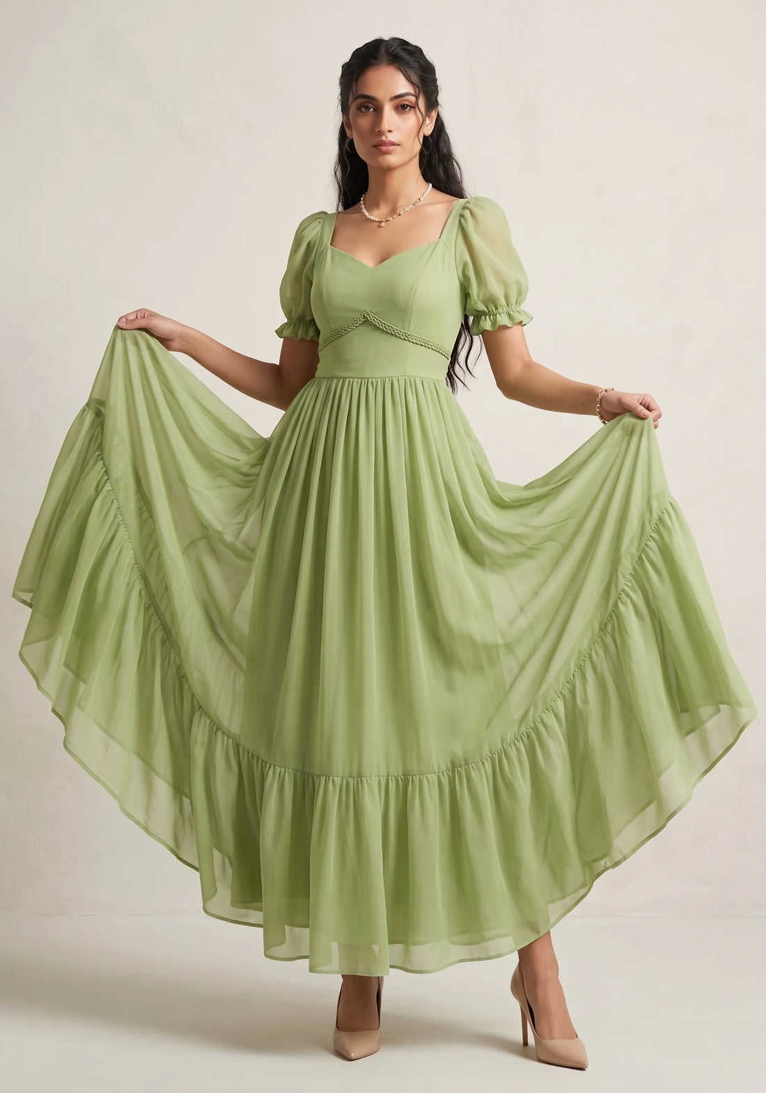 Sage Serenity Puff Sleeve Maxi Dress