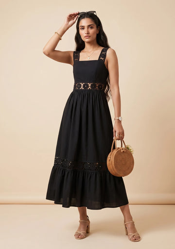 Midnight Noir Cotton Midi Dress