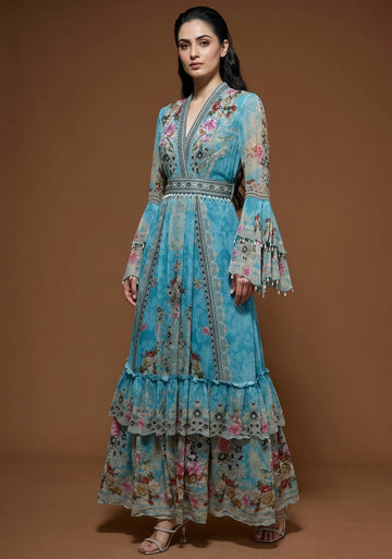 Aqua Bloom Tiered Anarkali