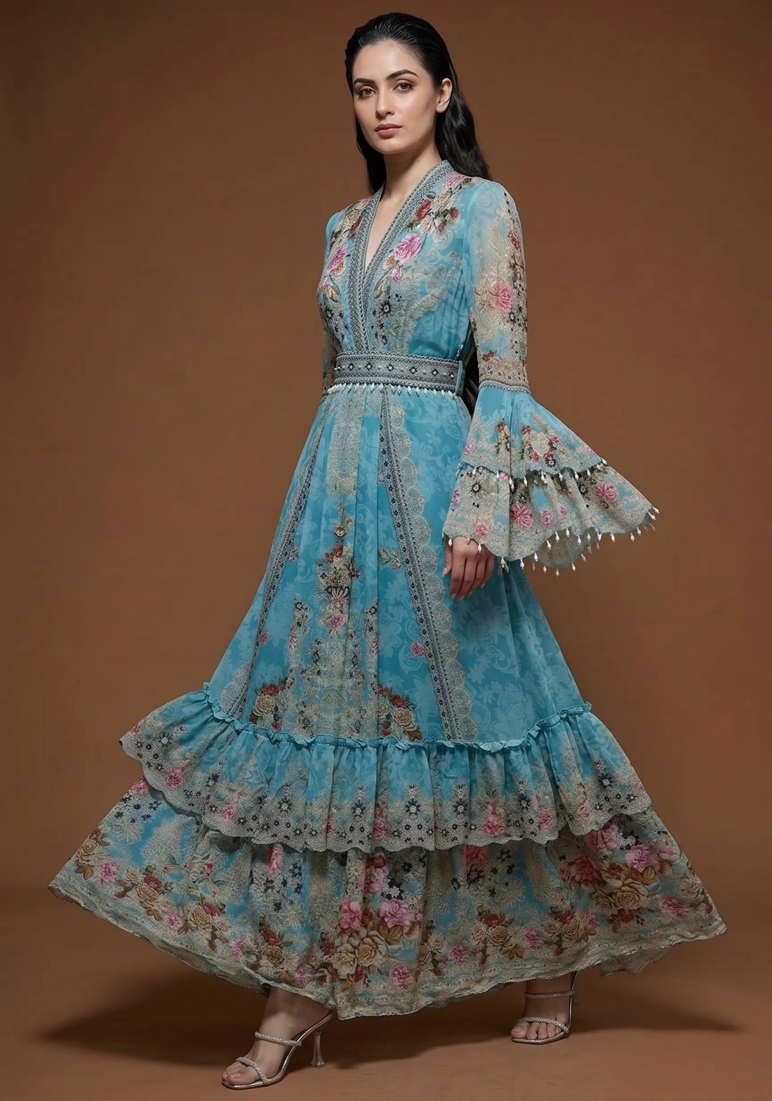 Aqua Bloom Tiered Anarkali