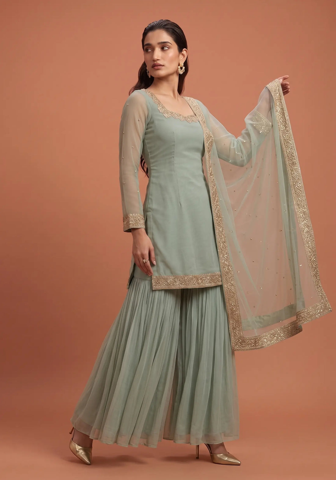 Sage Gold Embellished Sharara Set