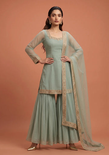 Sage Gold Embellished Sharara Set