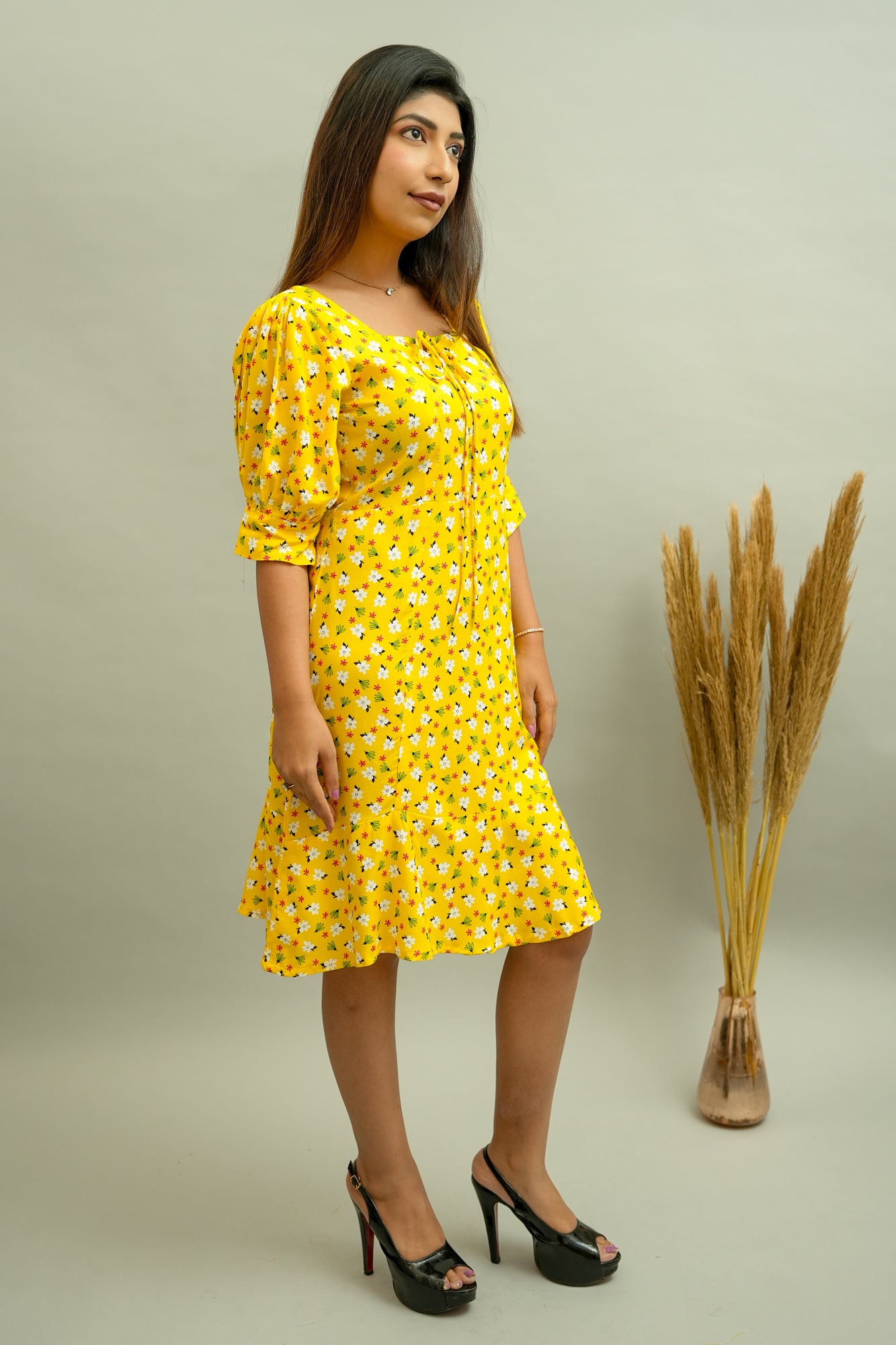 Bright Yellow Floral Printed Dress- 52404D