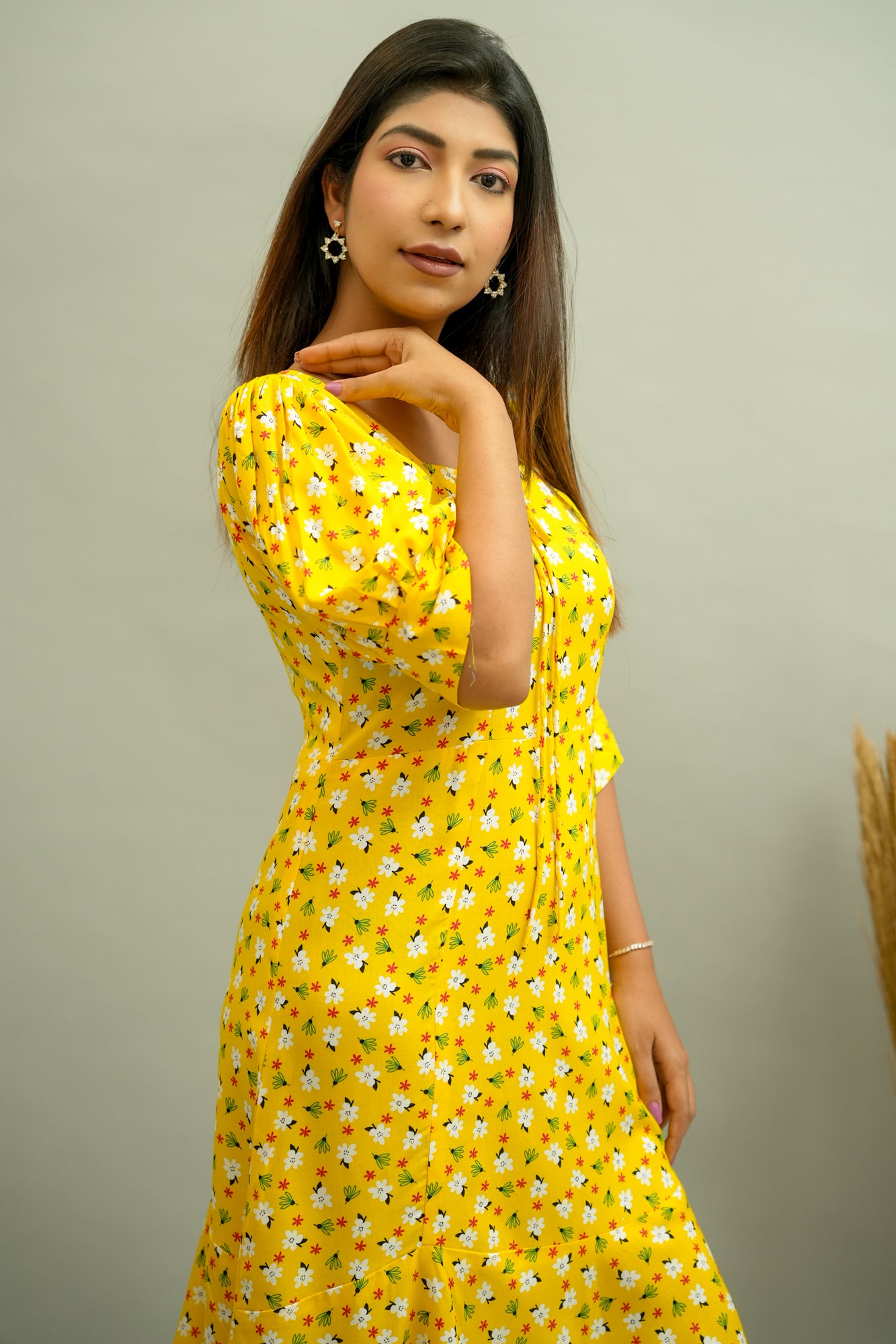 Bright yellow shop floral dress