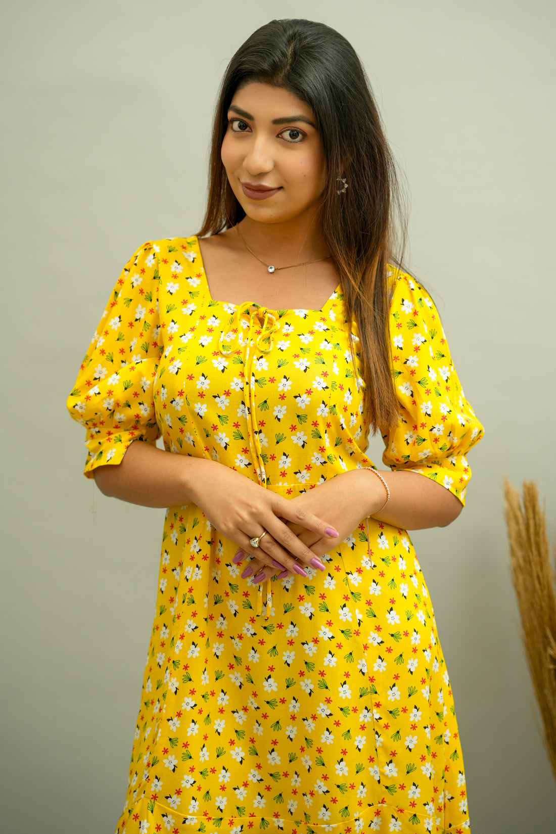 Bright Yellow Floral Printed Dress- 52404D