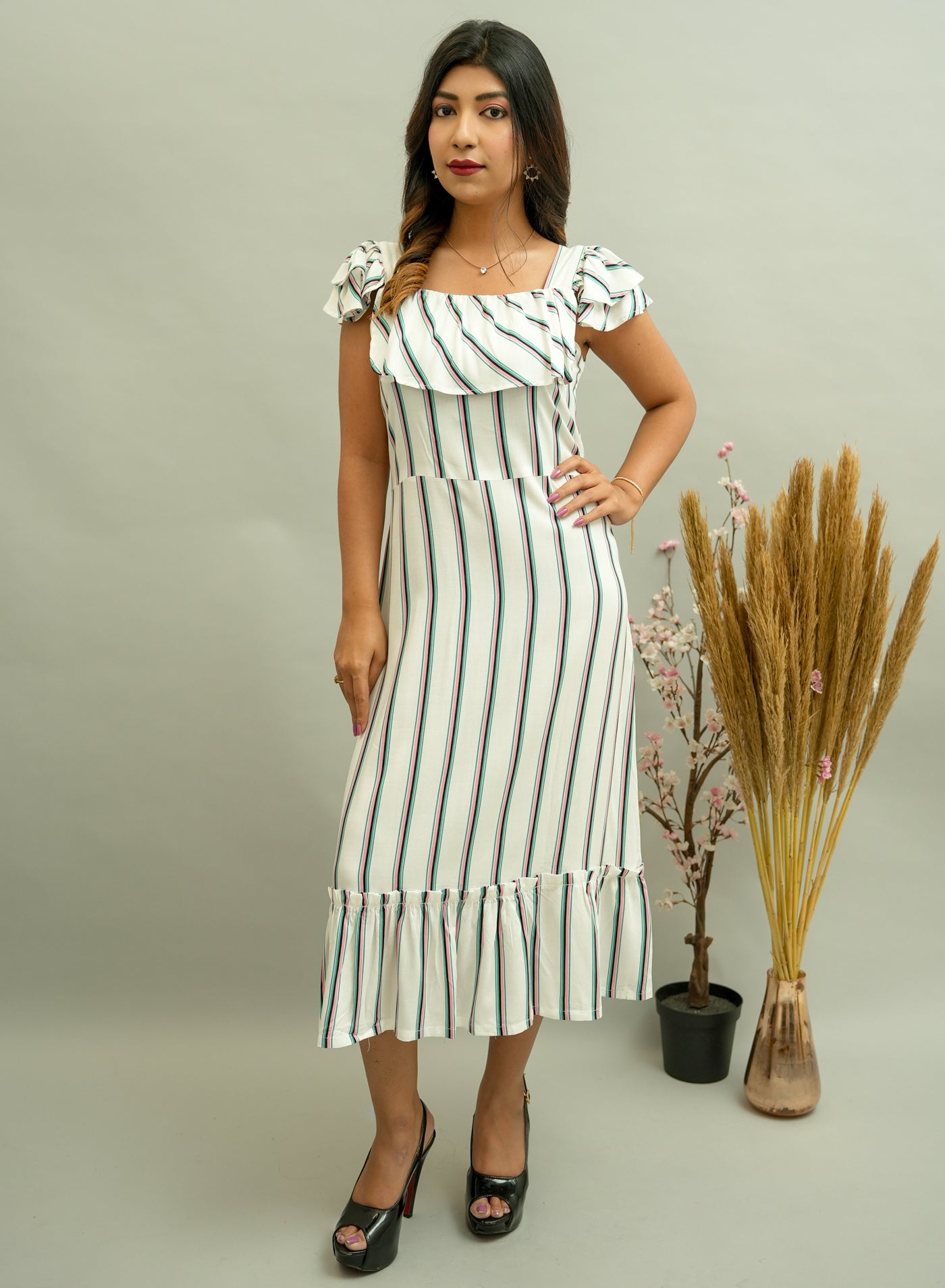 White Multi Colour Stripe Printed Dress- 52405D