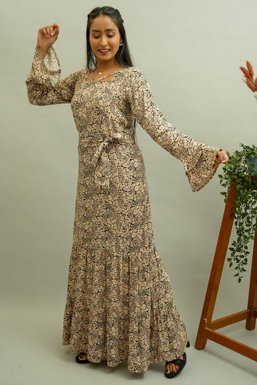 Beige Floral Printed Long Dress- 52414D