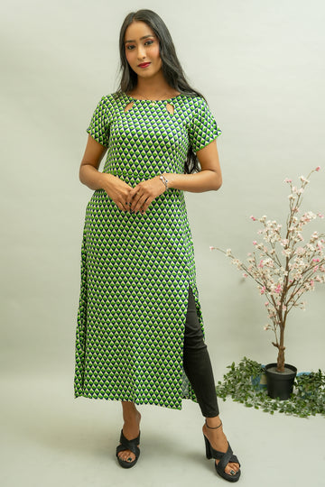 Dark Green & Blue Geometric Printed Cotton Kurta - 52391K