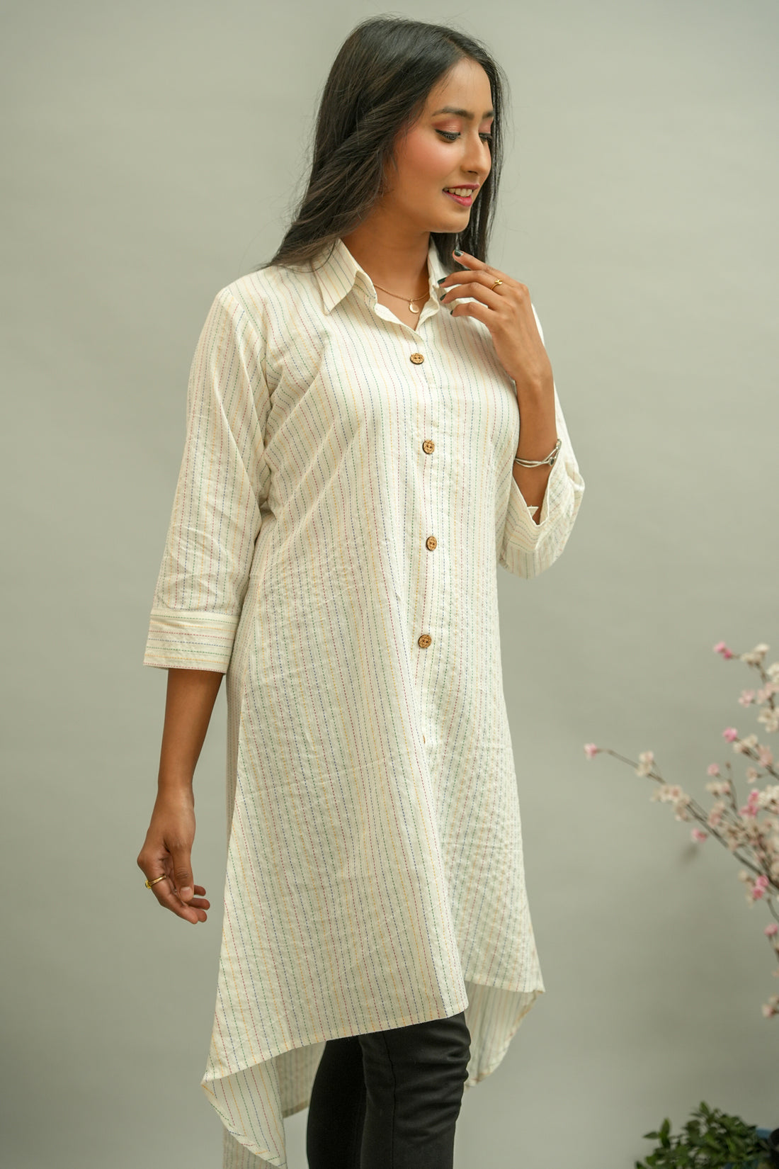 White Shirt collar Katha cotton kurta- 52327K