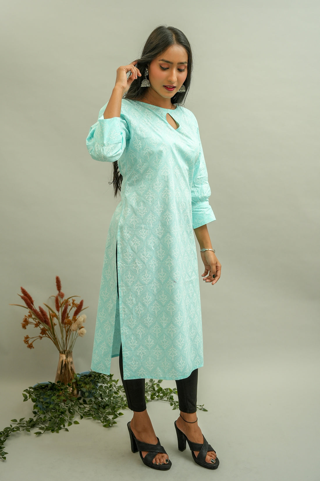 Light Blue Printed Cambric Cotton Kurta- 52337K