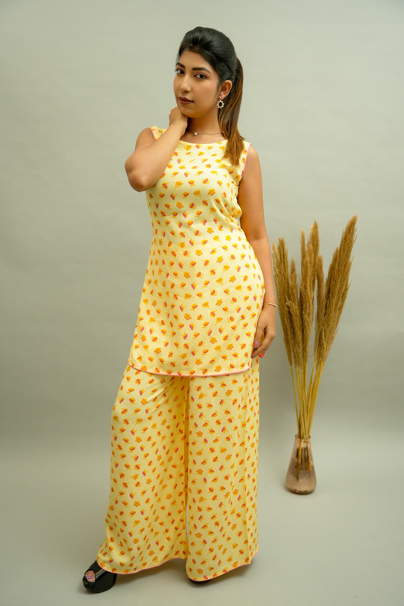 Bright Yellow Floral Printed Co-ord Set- 52396C