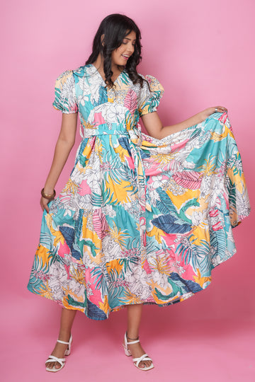 Floral Mint Sky Blue Dress - 52584D