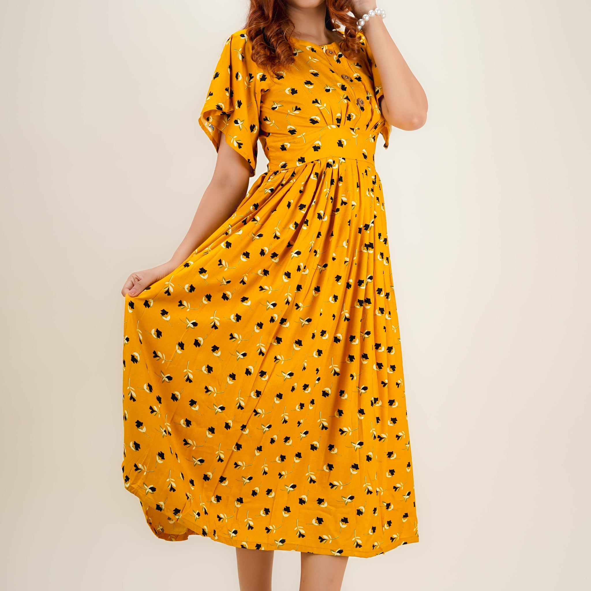 Glam Yellow Floral Print Dress- 52618D