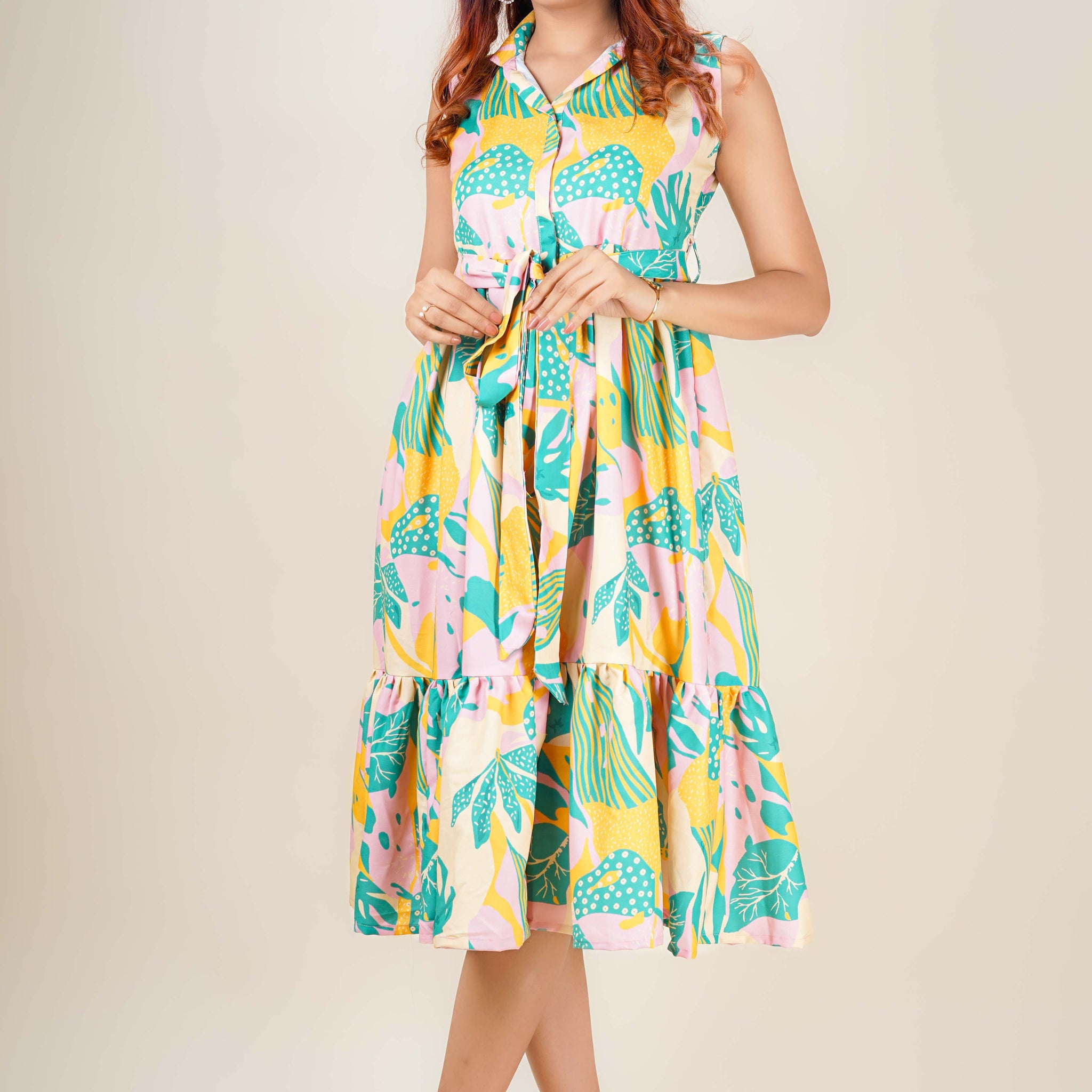 Powder Pink Abstract Overlap Collar Dress- 52632D