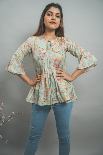 Light Green Multi-coloured Floral Printed Muslin Top -52424T