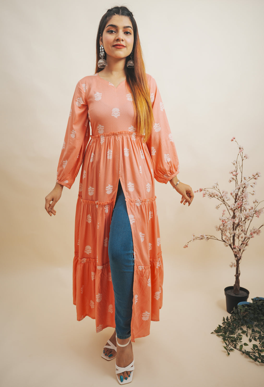 Coral Pastel Coloured Motif Printed Long Top -52465T