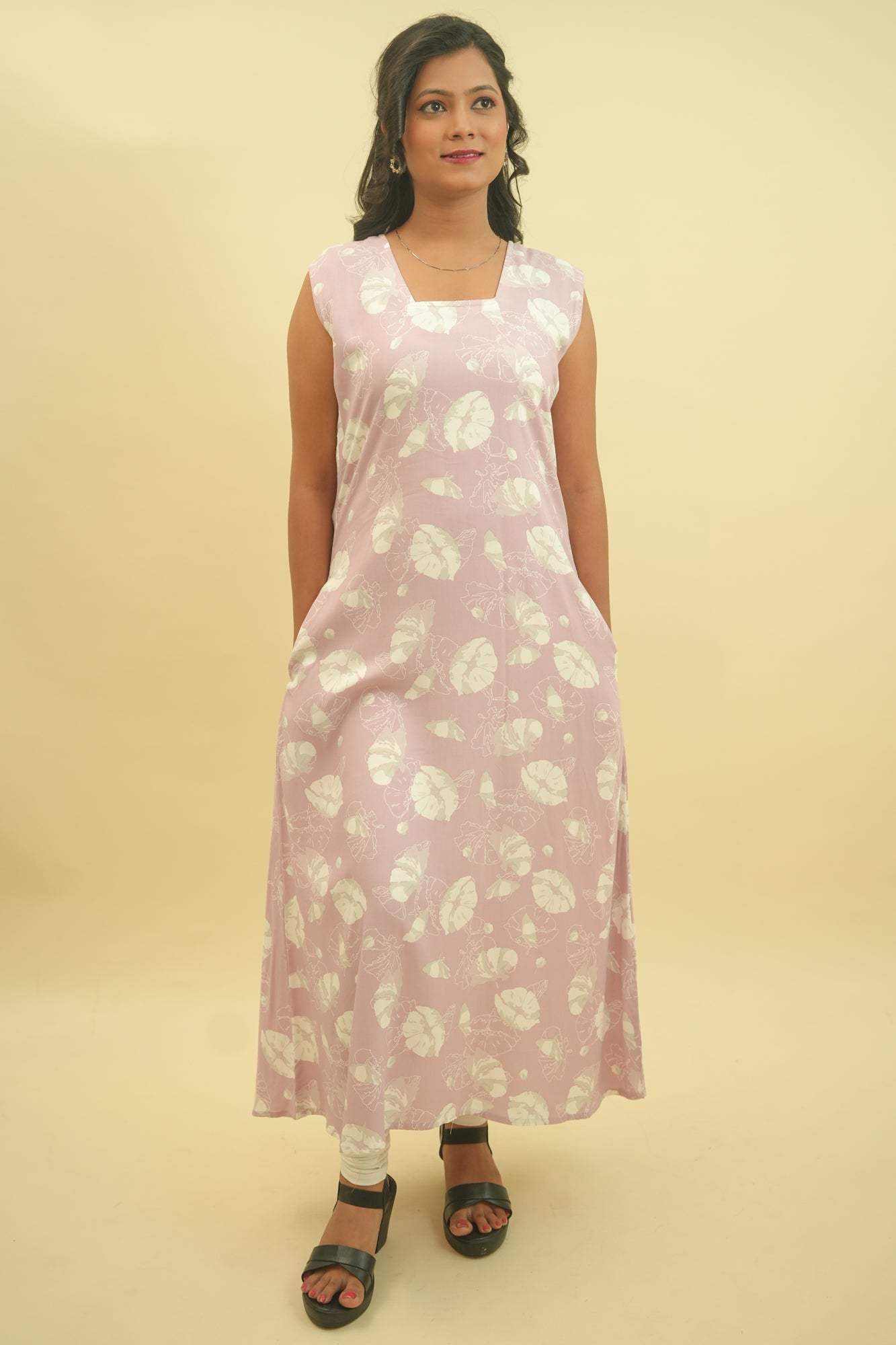 Lilac Floral Printed A line Cotton Kurta - 52387K