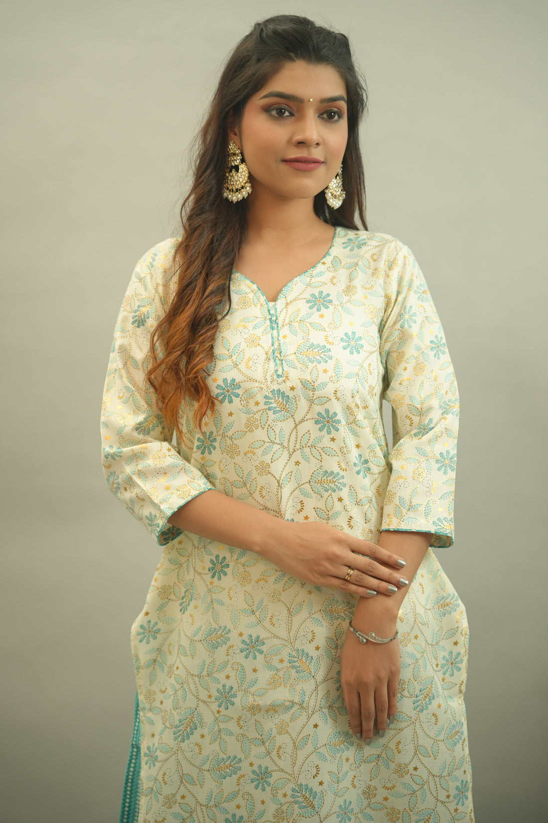 Pastel Blue Green Floral Printed Kurta Palazzo Set- 52319KP